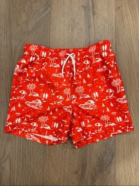 Janie and Jack Boy’s Red Tropical Print Swim Trunks